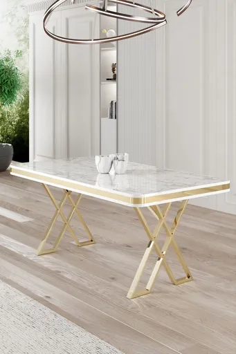 Masa, Hanah Home, Vals, 130x74x80 cm, Marmură albă/aur