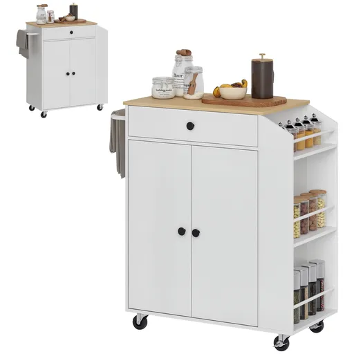 HOMCOM Cărucior de bucătărie cu sertar, dulap, raft pentru condimente, suport pentru prosoape,  82 x 38 x 86,5 cm, Alb/Stejar | Aosom Romania