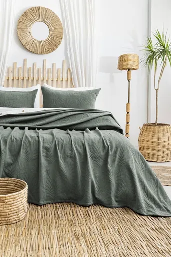 Set cuvertura de pat dubla 3 piese, L'essentiel Maison, Silvia, Bumbac, Verde