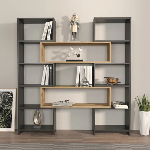 Corp biblioteca, Hanah Home, Poyraz, 163.5x150x22 cm, Negru / Stejar