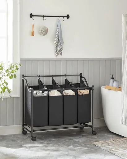 Cos de rufe cu 4 compartimente si roti, Songmics, 4 x 35 L, 87.5 x 38.5 x 81 cm, fier/tesatura oxford, negru