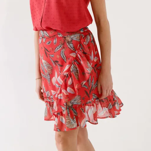 Fustă cu efect învăluitor, volane și imprimeu