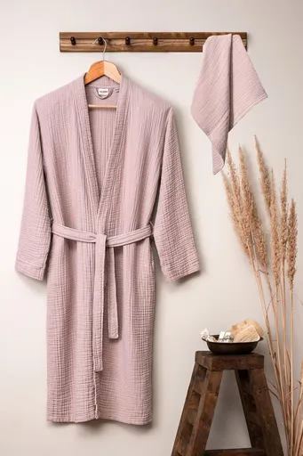 Set halate de baie, L'essentiel Maison, Kimono, Bumbac, Roz pudra