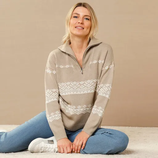 Pulover din jacquard cu guler înalt cu fermoar