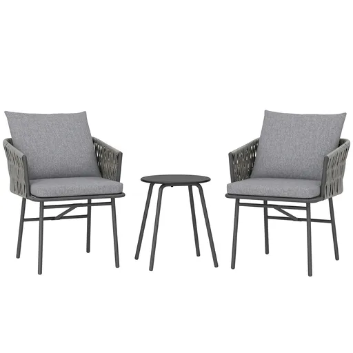Outsunny Set mobilier exterior 3 piese, 2 scaune, 1 masă, set bistro, rattan sintetic, cadru din oțel, masă metalică, 4 perne, gri | Aosom Romania