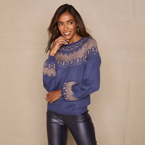 Pulover cu model jacquard cupru, atingere mohair