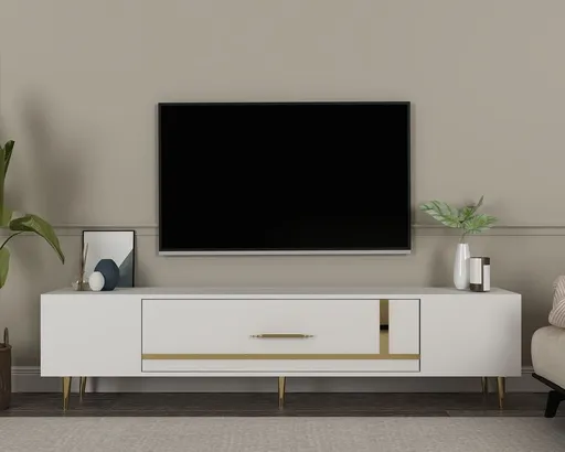 Comoda TV, Hanah Home, Dekop1, 150x48.2x29.6 cm, Alb/Auriu