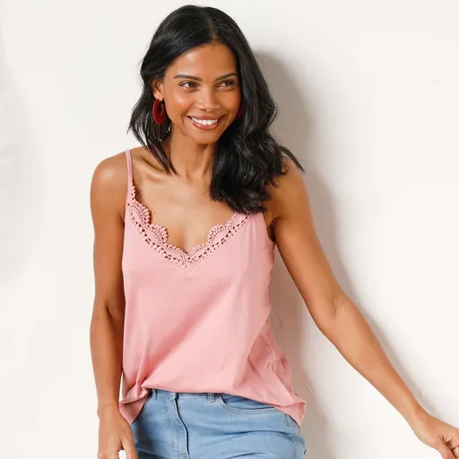 Top de culoare solidă cu bretele înguste și dantelă