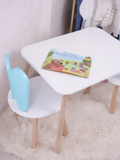 Set masa si scaun pentru copii, Hanah Home, Bunny One Chair Set, Albastru bebeluș / Alb
