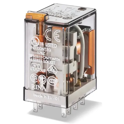 Releu industrial miniaturizat, fisabil, alimentare 24VC.C., 2CO, 10A, AgNi, cu buton de proba blocabil Finder 55.32.9.024.0040