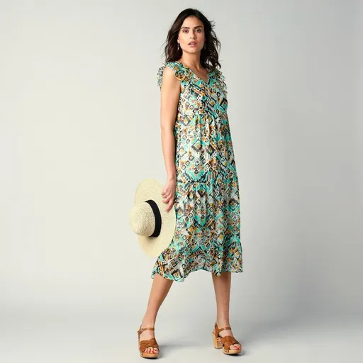 Rochie semilungă fără mâneci cu volane