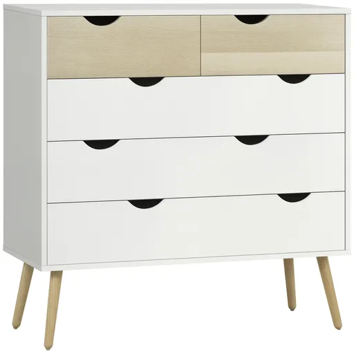 HOMCOM Comodă 5 sertare design scandinav mobilier depozitare cameră placă particule 99 x 39 x 101 cm alb aspect stejar deschis | Aosom Romania