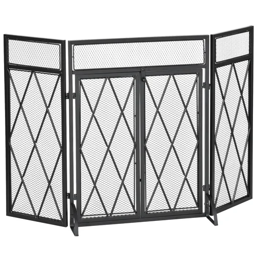 HOMCOM Parascantei Semineu din Metal Protectie pentru semineu cu 3 Panouri Pliabile si 2 Usi, 120x11,5x79cm, Negru | AOSOM RO