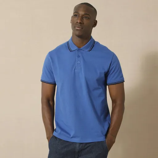 Tricou polo din piqué cu mânecă scurtă și dungi pe mâneci și guler