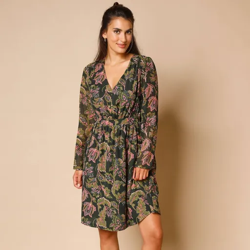 Rochie scurtă cu decolteu în V, voal imprimat