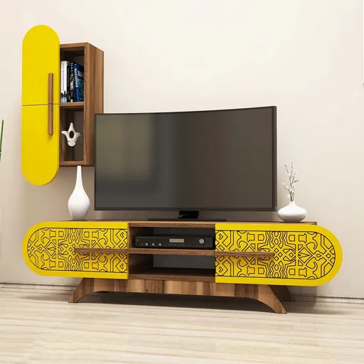 Comoda TV, Hanah Home, Defne, 145x37x35 cm, Nuc / Galben