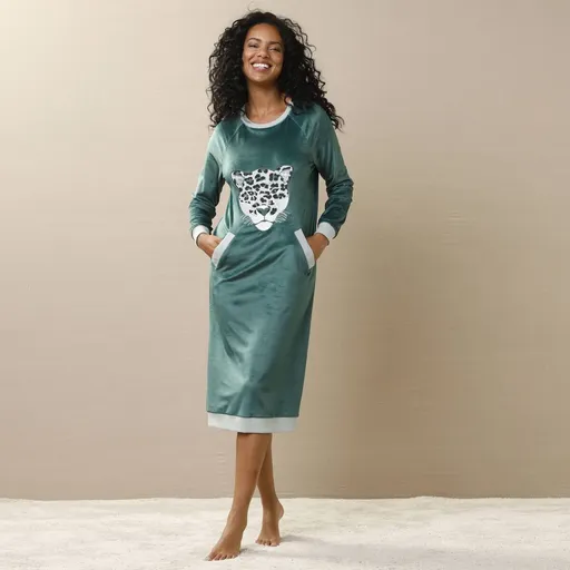 Cămașă de noapte lungă din fleece cu broderie leopard