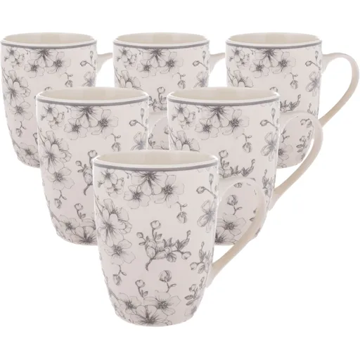 Set de 6 căni din ceramică Flori delicate 300 ml,grey, gri