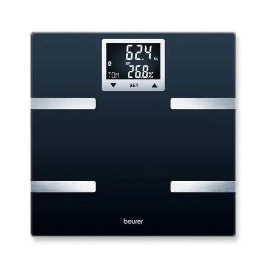 Cantar corporal Beurer BF 720 BT, Pana la 180 kg, 8 functii, Memorie, LCD, Cifre mari, Start rapid, Recunoastere automata a utilizatorului, Negru
