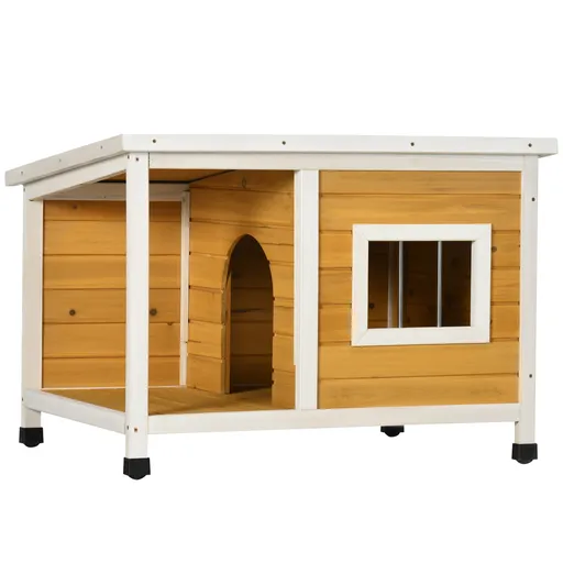 PawHut Cușcă pentru Câini de Exterior din Lemn cu Verandă Acoperită și Acoperiș Înclinat, 85.5x62x60 cm, Multicolor | Aosom Romania