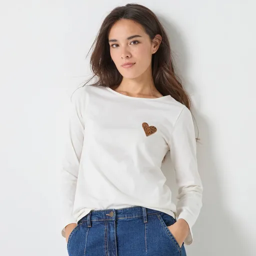 Tricou cu mânecă lungă, culoare uni, cu etichetă cu inimă