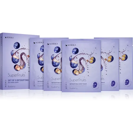 KORIKA SuperFruits Blueberry - Set of 5 Detoxifying Face Sheet Masks set de măști de față la un preț mai avantajos cu efect detoxifiant Blueberry