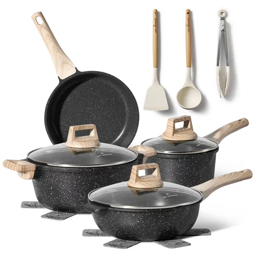 Set oale si tigaii Just Perfecto JL-32, 12 piese, Turnat, Acoperire din marmura, Inductie, Accesorii, Negru