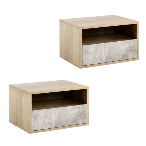 HOMCOM Set de 2 Noptiere Suspendate din Lemn cu Sertar și Raft Deschis, Design Modern, Gri și Lemn, Dimensiuni 45x35x27.5cm | Aosom Romania