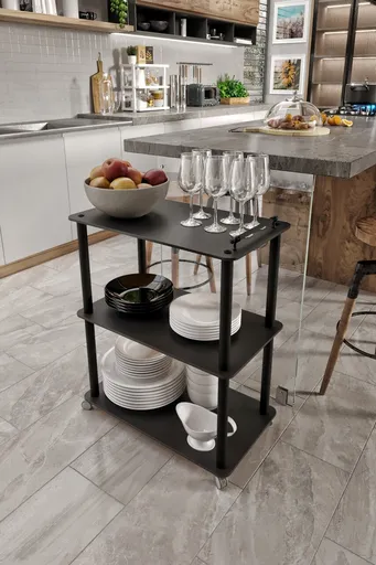 Carucior pentru servire, Hanah Home, Dinner Trolley, 60x74x35 cm, MDF , Negru