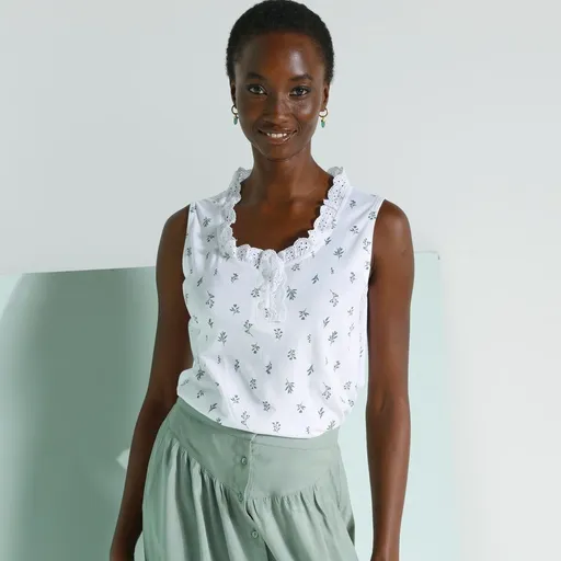 Top cu nasturi și broderie englezească, imprimat