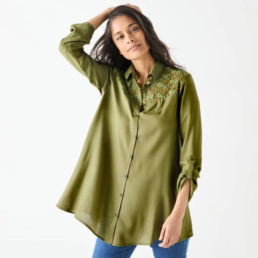 Tunică evazată uni cu nasturi și dantelă