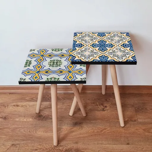 Set masute 2 piese, Hanah Home, 2Shp464, Bleumarin / Galben / Verde / Alb