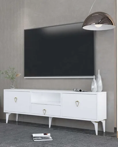 Comoda TV, Hanah Home, 1302-DROP-1, 140x49x30 cm, PAL , Alb/Auriu