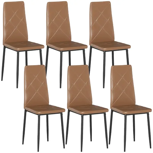 HOMCOM Set de 6 Scaune de Dining Moderne cu Spătar Înalt, din Piele Ecologică și Oțel, 41x50x97 cm, Maro | Aosom Romania