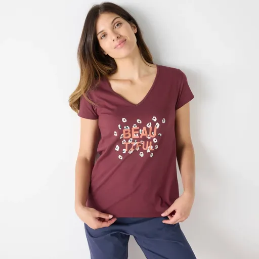 Top de pijama cu mânecă scurtă și imprimeu central frumos