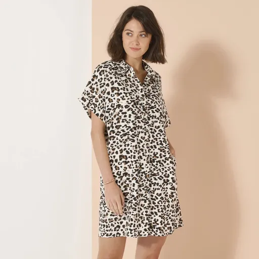 Rochie cămașă cu mâneci scurte și imprimeu leopard