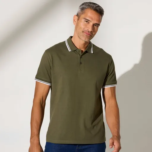 Cămașă polo din tricot piqué, cu mâneci scurte și dungi pe mâneci și guler