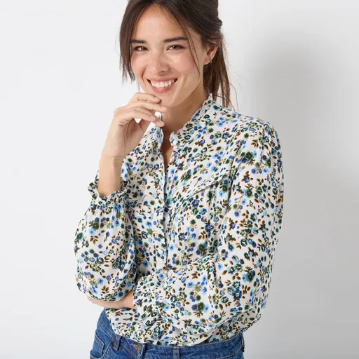 Bluză din crep cu volane și imprimeu