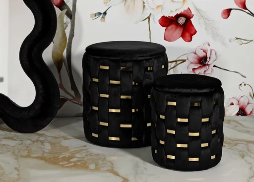 Set 2 taburete cu spatiu depozitare Shanty, Mauro Ferretti, 37x42 cm, 28x35 cm, fier/MDf/poliester, negru/auriu