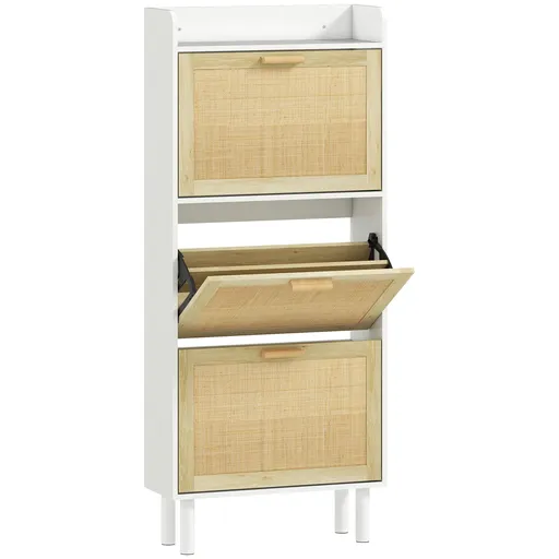 HOMCOM Dulap pentru pantofi 3 uși rabatabile etajeră efect rășină împletită design boem 65 x 24,5 x 153 cm alb | Aosom Romania