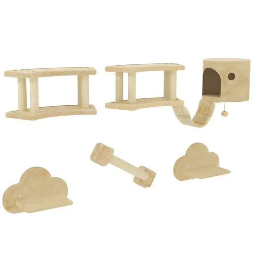 PawHut Set de cățărat pentru pisici, 5 piese, cu stâlp pentru zgâriat, platforme de săritură, scară, căsuță, montare pe perete, bej | Aosom Romania