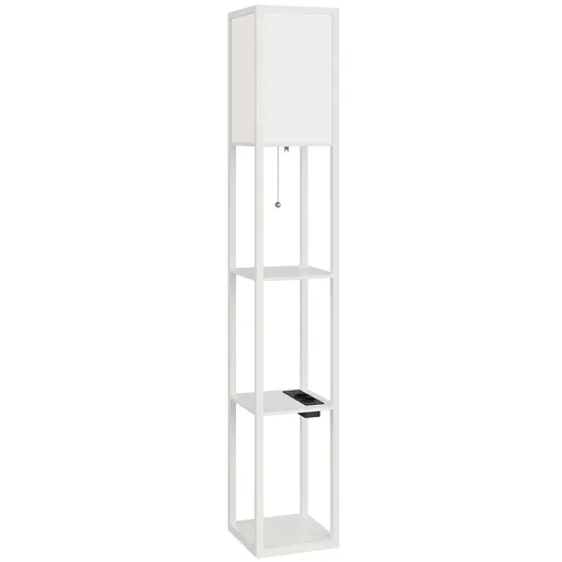 HOMCOM Lampă de Podea LED cu Rafturi, Lampă Modernă cu Comutator cu Pedală și Porturi USB, Temperatură de Culoare Reglabilă pentru Living și Dormitor,