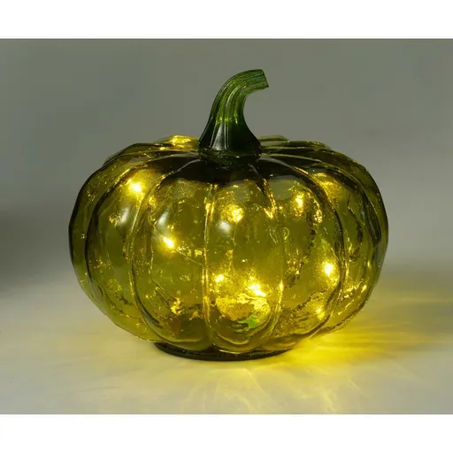 Dovleac luminos din sticlă 15 x 13 cm, verde, 10LED-uri, cu baterii, temporizator, verde