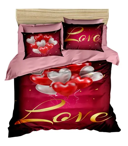 Lenjerie de pat dubla King (EU) (ES), 3 piese, L'essentiel Maison, 157, Roșu / Roz / Auriu / Alb