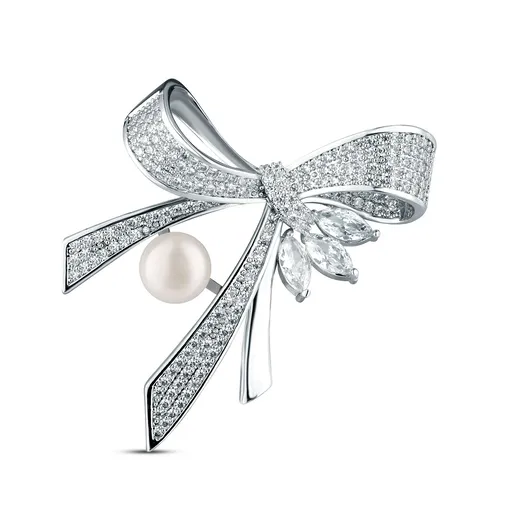 JwL Luxury Pearls Broșă de lux pentru dame, cu perlă și zirconii, Fundiță JL0869