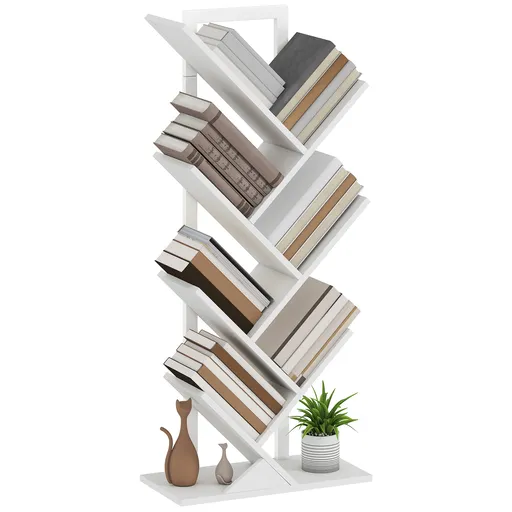 HOMCOM Bibliotecă în Formă de Copac cu 7 Rafturi și Sistem Antivoltaj pentru Sufragerie Dormitor 50x24x109 cm Alb | Aosom Romania