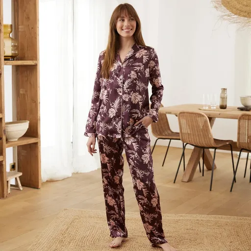 Pijama din satin imprimat cu guler de costum