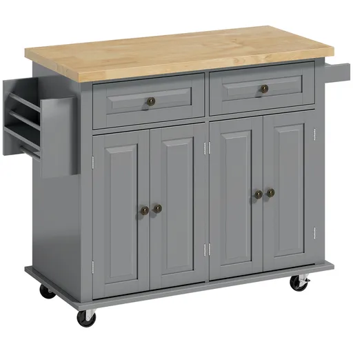 HOMCOM Căruț de Bucătărie cu 2 Sertare și 2 Dulapuri, Insulă de Bucătărie cu Blat din Lemn, 111x44,5x82,5 cm, Gri | Aosom Romania