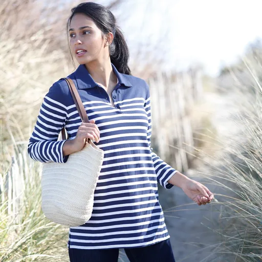 Tricou polo din jerseu cu dungi și mâneci lungi