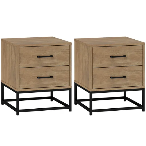 HOMCOM Set de 2 Noptiere cu 2 Sertare din Lemn și Oțel, 40x39.5x48 cm, Lemn Natural | Aosom Romania